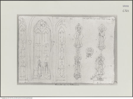 Vorderseite von Städelsches Kunstinstitut und Städtische Galerie [https://www.deutsche-digitale-bibliothek.de/content/lizenzen/rv-ez/] Sammlung von Umrissen und Durchzeichnungen, dienend zur Geschichte der bildenden Künste des Mittelalters in Italien, gezeichnet von J.A. Ramboux aus Trier in den Jahren 1818 bis 1822 und den Jahren 1833 bis 1843Seiteobere Zeichnung: Maßwerkschema dreier Fenster; vier weibliche Heilige - , bh501335_recto. Foto.