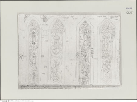 Vorderseite von Städelsches Kunstinstitut und Städtische Galerie [https://www.deutsche-digitale-bibliothek.de/content/lizenzen/rv-ez/] Sammlung von Umrissen und Durchzeichnungen, dienend zur Geschichte der bildenden Künste des Mittelalters in Italien, gezeichnet von J.A. Ramboux aus Trier in den Jahren 1818 bis 1822 und den Jahren 1833 bis 1843Seiteobere Zeichnung: Fensterbahnen mit Heiligenfiguren - , bh501336_recto. Foto.