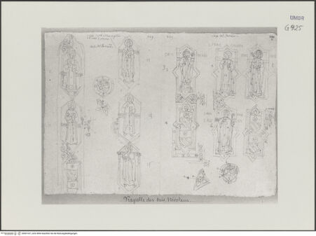 Vorderseite von Städelsches Kunstinstitut und Städtische Galerie [https://www.deutsche-digitale-bibliothek.de/content/lizenzen/rv-ez/] Sammlung von Umrissen und Durchzeichnungen, dienend zur Geschichte der bildenden Künste des Mittelalters in Italien, gezeichnet von J.A. Ramboux aus Trier in den Jahren 1818 bis 1822 und den Jahren 1833 bis 1843Seiteuntere Zeichnung: Heiligenfiguren zweier Fenster (Stephanus, Franziskus, Gregor, Antonius und Hieronymus; Victorinus, Franziskus, Ambrosius und Rufinus) - , bh501337_recto. Foto.