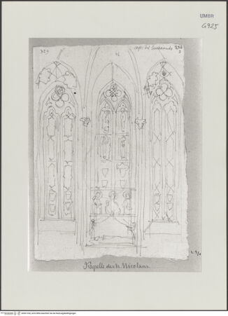 Vorderseite von Städelsches Kunstinstitut und Städtische Galerie [https://www.deutsche-digitale-bibliothek.de/content/lizenzen/rv-ez/] Sammlung von Umrissen und Durchzeichnungen, dienend zur Geschichte der bildenden Künste des Mittelalters in Italien, gezeichnet von J.A. Ramboux aus Trier in den Jahren 1818 bis 1822 und den Jahren 1833 bis 1843Seiteobere Zeichnung: Fensterschema der Nikolauskapelle - , bh501338_recto. Foto.
