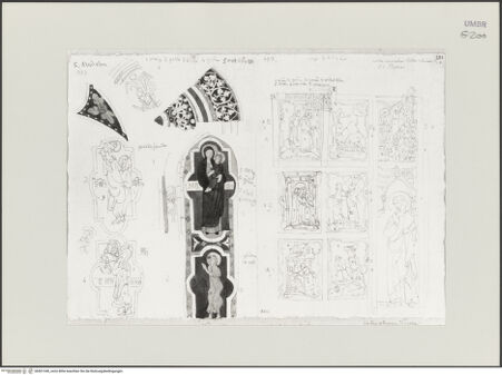 Vorderseite von Städelsches Kunstinstitut und Städtische Galerie [https://www.deutsche-digitale-bibliothek.de/content/lizenzen/rv-ez/] Sammlung von Umrissen und Durchzeichnungen, dienend zur Geschichte der bildenden Künste des Mittelalters in Italien, gezeichnet von J.A. Ramboux aus Trier in den Jahren 1818 bis 1822 und den Jahren 1833 bis 1843Seiteuntere Zeichnung: Szenen aus dem Leben der Maria Magdalena, Madonna mit Kind; Szenen aus dem Leben des heiligen Antonius von Pauda; Apostel Andreas - , bh501340_recto. Foto.