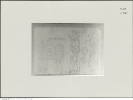 Vorderseite von Städelsches Kunstinstitut und Städtische Galerie [https://www.deutsche-digitale-bibliothek.de/content/lizenzen/rv-ez/] Sammlung von Umrissen und Durchzeichnungen, dienend zur Geschichte der bildenden Künste des Mittelalters in Italien, gezeichnet von J.A. Ramboux aus Trier in den Jahren 1818 bis 1822 und den Jahren 1833 bis 1843Seiteuntere Zeichnung: heute im Magazin befindliche Fensterscheiben und Medaillons aus einem Apsisfenster - , bh501346_recto. Foto.