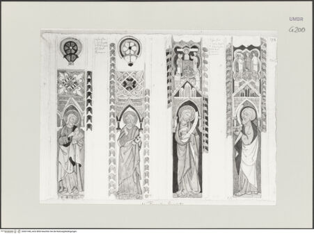 Vorderseite von Städelsches Kunstinstitut und Städtische Galerie [https://www.deutsche-digitale-bibliothek.de/content/lizenzen/rv-ez/] Sammlung von Umrissen und Durchzeichnungen, dienend zur Geschichte der bildenden Künste des Mittelalters in Italien, gezeichnet von J.A. Ramboux aus Trier in den Jahren 1818 bis 1822 und den Jahren 1833 bis 1843Seiteuntere Zeichnung: Johannes der Evangelist und Thomas mit Szenen aus ihrem Leben; Jakobus Major und Andreas mit Szenen aus ihrem Leben - , bh501348_recto. Foto.