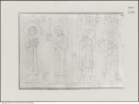 Vorderseite von Städelsches Kunstinstitut und Städtische Galerie [https://www.deutsche-digitale-bibliothek.de/content/lizenzen/rv-ez/] Sammlung von Umrissen und Durchzeichnungen, dienend zur Geschichte der bildenden Künste des Mittelalters in Italien, gezeichnet von J.A. Ramboux aus Trier in den Jahren 1818 bis 1822 und den Jahren 1833 bis 1843Seiteobere Zeichnung: Franziskus und Antonius von Padua; Christus hält Franziskus und Maria mit dem Jesuskind - , bh501351_recto. Foto.