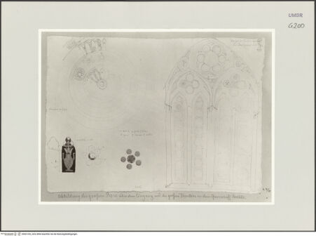Vorderseite von Städelsches Kunstinstitut und Städtische Galerie [https://www.deutsche-digitale-bibliothek.de/content/lizenzen/rv-ez/] Sammlung von Umrissen und Durchzeichnungen, dienend zur Geschichte der bildenden Künste des Mittelalters in Italien, gezeichnet von J.A. Ramboux aus Trier in den Jahren 1818 bis 1822 und den Jahren 1833 bis 1843Seiteuntere Zeichnung: Fassadenrose und Maßwerkschema - , bh501352_recto. Foto.