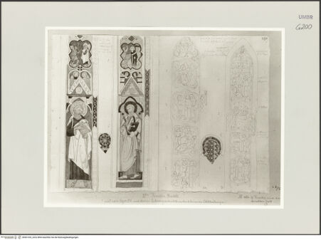 Vorderseite von Städelsches Kunstinstitut und Städtische Galerie [https://www.deutsche-digitale-bibliothek.de/content/lizenzen/rv-ez/] Sammlung von Umrissen und Durchzeichnungen, dienend zur Geschichte der bildenden Künste des Mittelalters in Italien, gezeichnet von J.A. Ramboux aus Trier in den Jahren 1818 bis 1822 und den Jahren 1833 bis 1843Seiteobere Zeichnung: Bartholomäus und Matthäus mit Szenen aus ihrem Leben, Szenen aus dem Leben des Franziskus und des Antonius von Padua - , bh501355_recto. Foto.