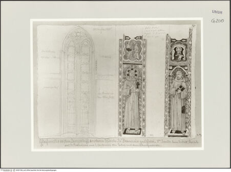 Vorderseite von Städelsches Kunstinstitut und Städtische Galerie [https://www.deutsche-digitale-bibliothek.de/content/lizenzen/rv-ez/] Sammlung von Umrissen und Durchzeichnungen, dienend zur Geschichte der bildenden Künste des Mittelalters in Italien, gezeichnet von J.A. Ramboux aus Trier in den Jahren 1818 bis 1822 und den Jahren 1833 bis 1843Seiteuntere Zeichnung: Maßwerkschema des ersten Langhausfensters; die Heiligen Franziskus und Antonius von Padua mit Szenen aus ihrem Leben - , bh501356_recto. Foto.