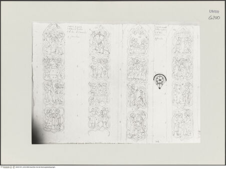 Vorderseite von Städelsches Kunstinstitut und Städtische Galerie [https://www.deutsche-digitale-bibliothek.de/content/lizenzen/rv-ez/] Sammlung von Umrissen und Durchzeichnungen, dienend zur Geschichte der bildenden Künste des Mittelalters in Italien, gezeichnet von J.A. Ramboux aus Trier in den Jahren 1818 bis 1822 und den Jahren 1833 bis 1843Seiteobere Zeichnung: Szenen aus dem Leben der Apostel Bartholomäus und Matthäus, Szenen aus dem Leben des Evangelisten Johannes und des Apostels Thomas - , bh501357_recto. Foto.