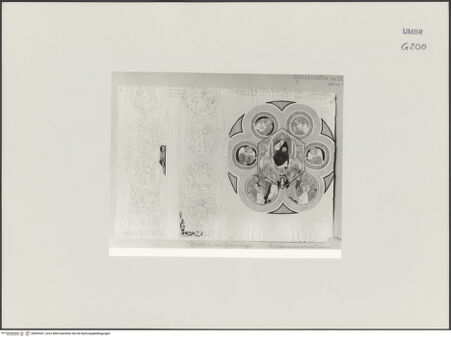 Vorderseite von Städelsches Kunstinstitut und Städtische Galerie [https://www.deutsche-digitale-bibliothek.de/content/lizenzen/rv-ez/] Sammlung von Umrissen und Durchzeichnungen, dienend zur Geschichte der bildenden Künste des Mittelalters in Italien, gezeichnet von J.A. Ramboux aus Trier in den Jahren 1818 bis 1822 und den Jahren 1833 bis 1843Seiteobere Zeichnung: Querhausfenster, die zwei rechten Lanzettbahnen mit Szenen des AT und NT, Maßwerkrose mit Himmelfahrt Christi - , bh502067_recto. Foto.