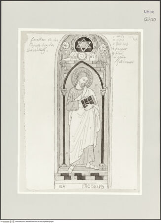 Vorderseite von Städelsches Kunstinstitut und Städtische Galerie [https://www.deutsche-digitale-bibliothek.de/content/lizenzen/rv-ez/] Sammlung von Umrissen und Durchzeichnungen, dienend zur Geschichte der bildenden Künste des Mittelalters in Italien, gezeichnet von J.A. Ramboux aus Trier in den Jahren 1818 bis 1822 und den Jahren 1833 bis 1843Seiteobere linke Zeichnung: Apostel Philippus - , bh502069_recto. Foto.