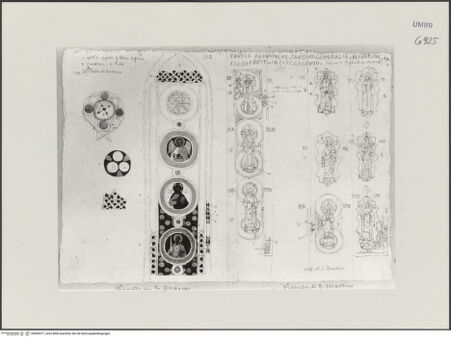 Vorderseite von Städelsches Kunstinstitut und Städtische Galerie [https://www.deutsche-digitale-bibliothek.de/content/lizenzen/rv-ez/] Sammlung von Umrissen und Durchzeichnungen, dienend zur Geschichte der bildenden Künste des Mittelalters in Italien, gezeichnet von J.A. Ramboux aus Trier in den Jahren 1818 bis 1822 und den Jahren 1833 bis 1843Seiteuntere Zeichnung: Figurenscheiben aus der Martinskapelle und im Magazin - , bh502077_recto. Foto.