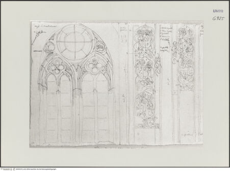 Vorderseite von Städelsches Kunstinstitut und Städtische Galerie [https://www.deutsche-digitale-bibliothek.de/content/lizenzen/rv-ez/] Sammlung von Umrissen und Durchzeichnungen, dienend zur Geschichte der bildenden Künste des Mittelalters in Italien, gezeichnet von J.A. Ramboux aus Trier in den Jahren 1818 bis 1822 und den Jahren 1833 bis 1843Seiteobere Zeichnung: Maßwerkschema und Einzelszenen der beiden rechten Fensterbahnen eines Fensters mit Szenen aus dem Leben Christi - , bh502078_recto. Foto.