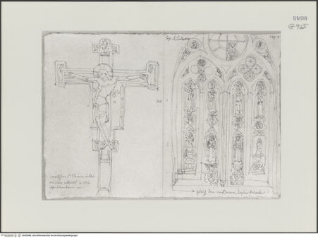Vorderseite von Städelsches Kunstinstitut und Städtische Galerie [https://www.deutsche-digitale-bibliothek.de/content/lizenzen/rv-ez/] Sammlung von Umrissen und Durchzeichnungen, dienend zur Geschichte der bildenden Künste des Mittelalters in Italien, gezeichnet von J.A. Ramboux aus Trier in den Jahren 1818 bis 1822 und den Jahren 1833 bis 1843Seiteuntere Zeichnung: Kruzifix aus Santa Chaira und Maßwerkschema - , bh502088_recto. Foto.
