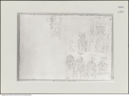 Vorderseite von Städelsches Kunstinstitut und Städtische Galerie [https://www.deutsche-digitale-bibliothek.de/content/lizenzen/rv-ez/] Sammlung von Umrissen und Durchzeichnungen, dienend zur Geschichte der bildenden Künste des Mittelalters in Italien, gezeichnet von J.A. Ramboux aus Trier in den Jahren 1818 bis 1822 und den Jahren 1833 bis 1843Seiteuntere Zeichnung: Portrait des Giovanni di Partino da Montefiore, Petrus(?), Ausschnitt eines Fresko(?); vier apokalyptische Wesen, Skizze nach dem Portrait des Kardinals Gentile di Partino da Montefiore - , bh502090_recto. Foto.