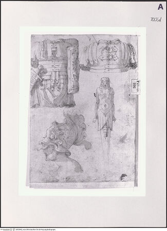 Vorderseite von Réunion des Musées Nationaux [https://www.deutsche-digitale-bibliothek.de/content/lizenzen/rv-ez/] Studien einer Rüstung, eines Helmes und einer Herme - , bh503862_recto. Foto.