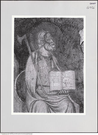 Vorderseite von Pedicini, Luciano [https://www.deutsche-digitale-bibliothek.de/content/lizenzen/rv-ez/] Jüngstes GerichtLinke Wand: Paradies - Drittes Register: Thronende Figur oberhalb des Zug der Auserwählten (Petrus), bh503999_recto. Foto: Pedicini, Luciano.