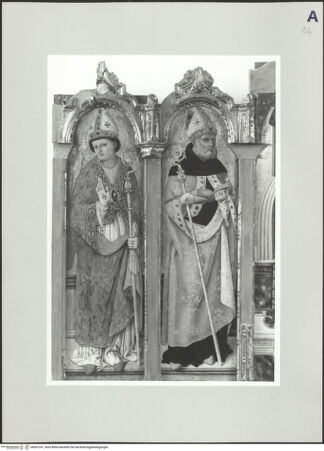 Vorderseite von Sigismondi, Roberto [https://www.deutsche-digitale-bibliothek.de/content/lizenzen/rv-fz/] Polyptychon mit der Madonna und den Heiligen Emygdius, Maurus, Augustinus und Stephanus - Ausschnitt, Emygdius und Maurus, bh507247_recto. Foto: Sigismondi, Roberto.