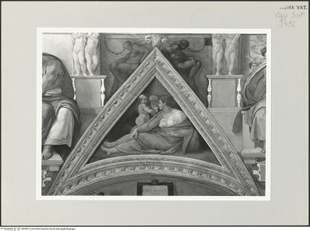 Vorderseite von Musei Vaticani [https://www.deutsche-digitale-bibliothek.de/content/lizenzen/rv-ez/] Die Sixtinische DeckeDie Vorfahren ChristiEzechias, Manasses und Amon - Stichkappe über der Lünette, bh508757_recto. Foto.