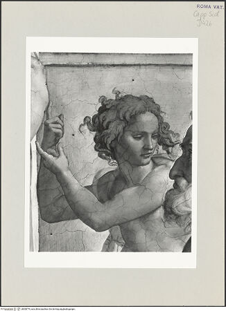 Vorderseite von Musei Vaticani [https://www.deutsche-digitale-bibliothek.de/content/lizenzen/rv-ez/] Die Sixtinische DeckePropheten und SibyllenEzechiel - Ausschnitt: Aufzeigender Jüngling, bh508779_recto. Foto.