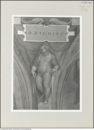 Vorderseite von Musei Vaticani [https://www.deutsche-digitale-bibliothek.de/content/lizenzen/rv-ez/] Die Sixtinische DeckePropheten und SibyllenEzechiel - Ausschnitt: Namenstafel mit Zwickelputto, bh508781_recto. Foto.