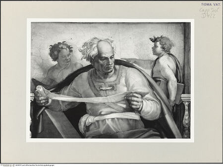 Vorderseite von Musei Vaticani [https://www.deutsche-digitale-bibliothek.de/content/lizenzen/rv-ez/] Die Sixtinische DeckePropheten und SibyllenJoel - Ausschnitt: Oberkörper, bh508791_recto. Foto.
