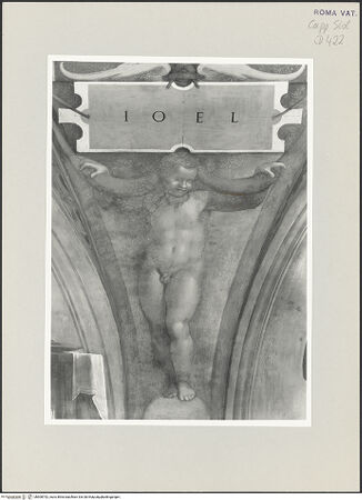 Vorderseite von Musei Vaticani [https://www.deutsche-digitale-bibliothek.de/content/lizenzen/rv-ez/] Die Sixtinische DeckePropheten und SibyllenJoel - Ausschnitt: Namenstafel mit Zwickelputto, bh508792_recto. Foto.