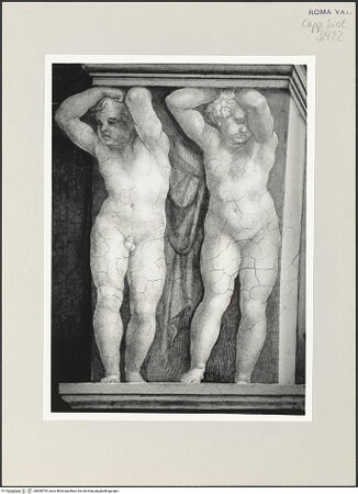 Vorderseite von Musei Vaticani [https://www.deutsche-digitale-bibliothek.de/content/lizenzen/rv-ez/] Die Sixtinische DeckePropheten und SibyllenJoel - Ausschnitt: Doppelputten der linken Thronwange, bh508793_recto. Foto.