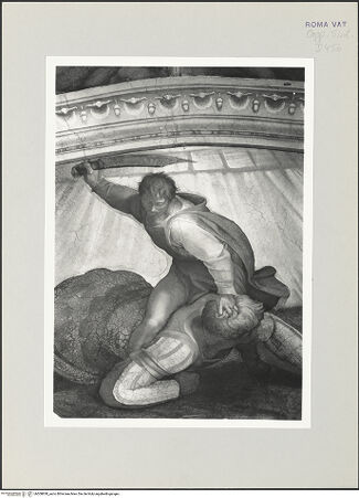 Vorderseite von Musei Vaticani [https://www.deutsche-digitale-bibliothek.de/content/lizenzen/rv-ez/] Die Sixtinische DeckeSzenen des Alten TestamentsDavid enthauptet Goliath - Ausschnitt, bh508838_recto. Foto.