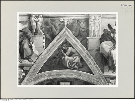 Vorderseite von Musei Vaticani [https://www.deutsche-digitale-bibliothek.de/content/lizenzen/rv-ez/] Die Sixtinische DeckeDie Vorfahren ChristiRoboam und Abias - Stichkappe über der Lünette, bh508849_recto. Foto.