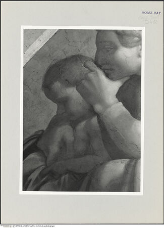 Vorderseite von Musei Vaticani [https://www.deutsche-digitale-bibliothek.de/content/lizenzen/rv-ez/] Die Sixtinische DeckeDie Vorfahren ChristiRoboam und Abias - Stichkappe über der Lünette, bh508850_recto. Foto.