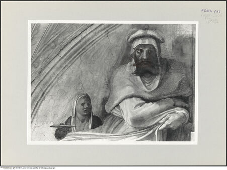 Vorderseite von Musei Vaticani [https://www.deutsche-digitale-bibliothek.de/content/lizenzen/rv-ez/] Die Sixtinische DeckeDie Vorfahren ChristiJesse, David und Salomon - Ausschnitt: linke Lünettenhälfte, bh508853_recto. Foto.