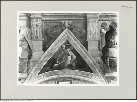 Vorderseite von Musei Vaticani [https://www.deutsche-digitale-bibliothek.de/content/lizenzen/rv-ez/] Die Sixtinische DeckeDie Vorfahren ChristiSalmon, Boas, Obed - Stichkappe, bh508854_recto. Foto.