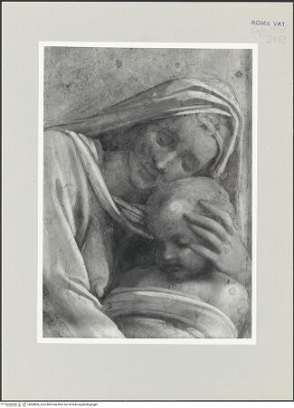 Vorderseite von Musei Vaticani [https://www.deutsche-digitale-bibliothek.de/content/lizenzen/rv-ez/] Die Sixtinische DeckeDie Vorfahren ChristiSalmon, Boas, Obed - Ausschnitt: Linke Lünettenhälfte, bh508856_recto. Foto.