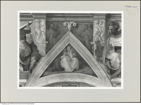Vorderseite von Musei Vaticani [https://www.deutsche-digitale-bibliothek.de/content/lizenzen/rv-ez/] Die Sixtinische DeckeDie Vorfahren ChristiJesse, David und Salomon - Stichkappe über der Lünette, bh508858_recto. Foto.