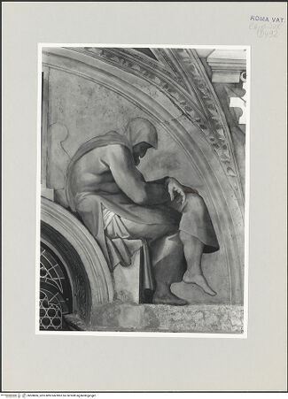 Vorderseite von Musei Vaticani [https://www.deutsche-digitale-bibliothek.de/content/lizenzen/rv-ez/] Die Sixtinische DeckeDie Vorfahren ChristiEzechias, Manasses und Amon - Ausschnitt: Rechte Lünettenhälfte, bh508866_recto. Foto.