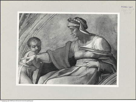 Vorderseite von Musei Vaticani [https://www.deutsche-digitale-bibliothek.de/content/lizenzen/rv-ez/] Die Sixtinische DeckeDie Vorfahren ChristiAzor und Sadoch - Ausschnitt: Linke Lünettenhälfte, bh508870_recto. Foto.