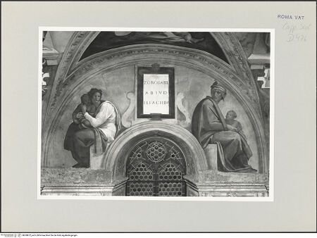 Vorderseite von Musei Vaticani [https://www.deutsche-digitale-bibliothek.de/content/lizenzen/rv-ez/] Die Sixtinische DeckeDie Vorfahren ChristiZorobabel, Abiud und Eliachim - , bh508872_recto. Foto.