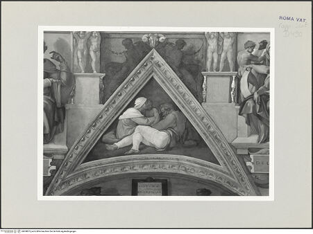 Vorderseite von Musei Vaticani [https://www.deutsche-digitale-bibliothek.de/content/lizenzen/rv-ez/] Die Sixtinische DeckeDie Vorfahren ChristiJosias, Jechoniam, Salatiel - Stichkappe über der Lünette, bh508875_recto. Foto.
