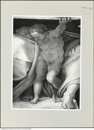 Vorderseite von Musei Vaticani [https://www.deutsche-digitale-bibliothek.de/content/lizenzen/rv-ez/] Die Sixtinische DeckePropheten und SibyllenDaniel - Ausschnitt: Buchtragender Putto, bh508890_recto. Foto.