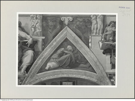 Vorderseite von Musei Vaticani [https://www.deutsche-digitale-bibliothek.de/content/lizenzen/rv-ez/] Die Sixtinische DeckeDie Vorfahren ChristiAsa, Josaphat und Joram - Stichkappe über der Lünette, bh509045_recto. Foto.