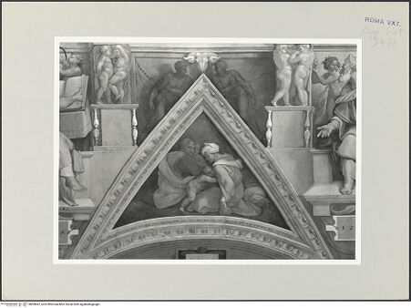 Vorderseite von Musei Vaticani [https://www.deutsche-digitale-bibliothek.de/content/lizenzen/rv-ez/] Die Sixtinische DeckeDie Vorfahren ChristiOzias, Ioatham, Achaz - Stichkappe über der Lünette, bh509047_recto. Foto.
