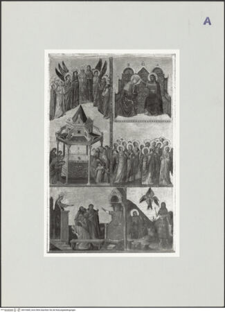Vorderseite von Courtauld Institute [https://www.deutsche-digitale-bibliothek.de/content/lizenzen/rv-ez/] Teil eines Diptychons (Himmelfahrt des Evangelisten Johannes; Marias Krönung; der Disput der heiligen Katharina mit fünfzig Philosophen; die Stigmatisation des heiligen Franziskus; Johannes der Täufer) - Gesamtansicht, bh510680_recto. Foto.