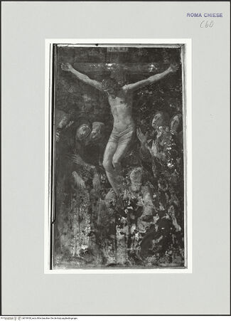 Vorderseite von Sopr. BAS ROMA [https://www.deutsche-digitale-bibliothek.de/content/lizenzen/rv-ez/] Kreuzigung mit Maria, Johannes und Heiligen - , bh510930_recto. Foto.