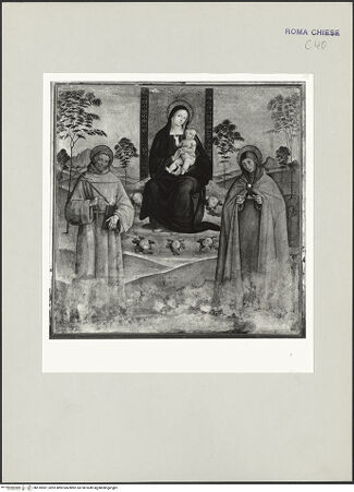 Vorderseite von Sopr. BAS ROMA [https://www.deutsche-digitale-bibliothek.de/content/lizenzen/rv-ez/] Madonna zwischen den Heiligen Franziskus und Klara - , bh510987_recto. Foto.