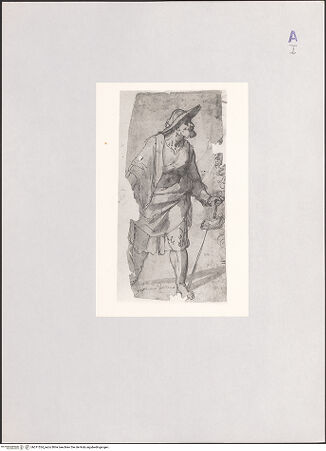 Vorderseite von unbekannt [https://www.deutsche-digitale-bibliothek.de/content/lizenzen/rv-ez/] Männliche Figur mit Hut, Mantel und Degen - , bh511524_recto. Foto.