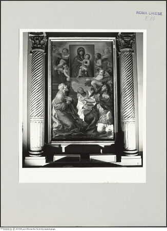 Vorderseite von Sopr. BAS ROMA [https://www.deutsche-digitale-bibliothek.de/content/lizenzen/rv-ez/] Die Heiligen Flavianus, Faustus und Johannes, der Presbyter, beten das Bild der "Madonna Paolina" an - , bh512692_recto. Foto.