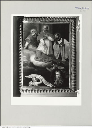 Vorderseite von Sopr. BAS ROMA [https://www.deutsche-digitale-bibliothek.de/content/lizenzen/rv-ez/] Die Heiligen Filippo Neri, Carlo Borromeo und Ignazio di Loyola mit einem Porträtmedaillon Kaiser Karls VI. - , bh512713_recto. Foto.