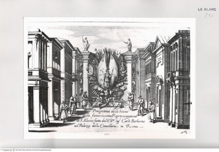 Vorderseite von Istituto Nazionale per la Grafica [http://creativecommons.org/publicdomain/mark/1.0/] Prospettive delle Sciene della Famosissima Rapresentatione di S. Alessio fatta dall Em.mo Sig. Card. Barberino nel Palazzo della Cancellaria in RomaTafel 1: Titelblatt - , bh513007. Foto.
