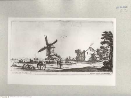 Vorderseite von Istituto Nazionale per la Grafica [http://creativecommons.org/publicdomain/mark/1.0/] Erste Folge von vier LandschaftenTafel 4: Landschaft mit Windmühle, zwei stehenden Frauen, einem Pferd und mehreren sitzenden Männern - , bh513016. Foto.