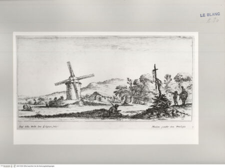 Vorderseite von Istituto Nazionale per la Grafica [http://creativecommons.org/publicdomain/mark/1.0/] Erste Folge von vier LandschaftenTafel 3: Landschaft mit Windmühle, im Vordergrund lesender Mann - , bh513032. Foto.